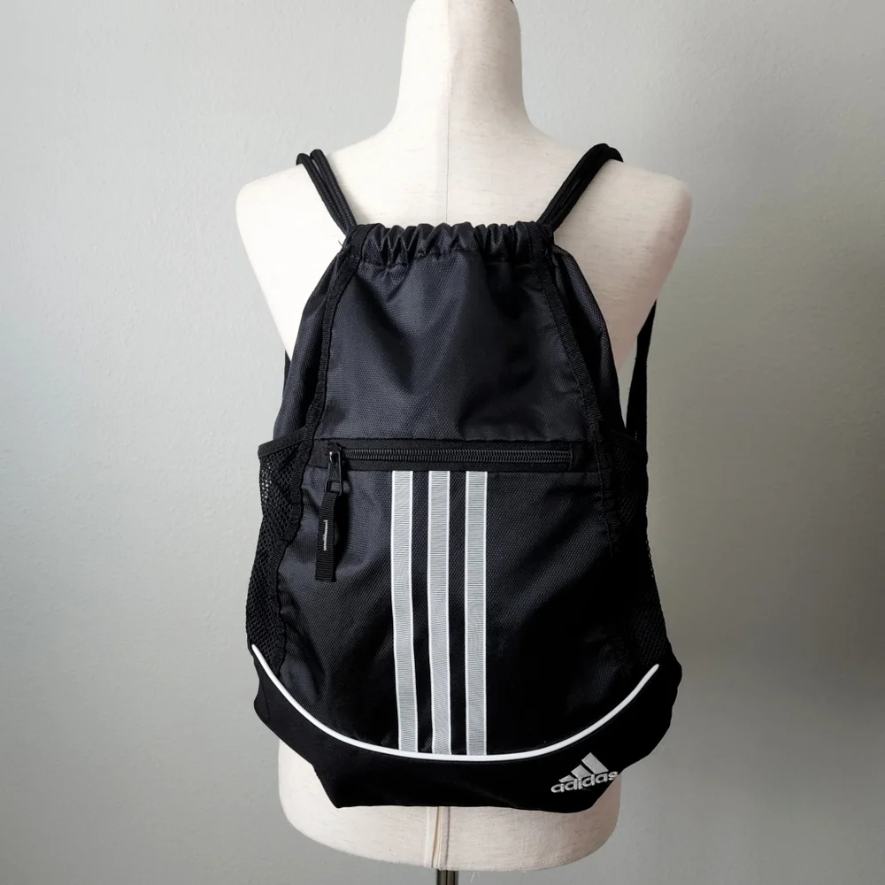 Adidas Black 3 Stripe Sackpack With Continuous Double Drawcord Closure